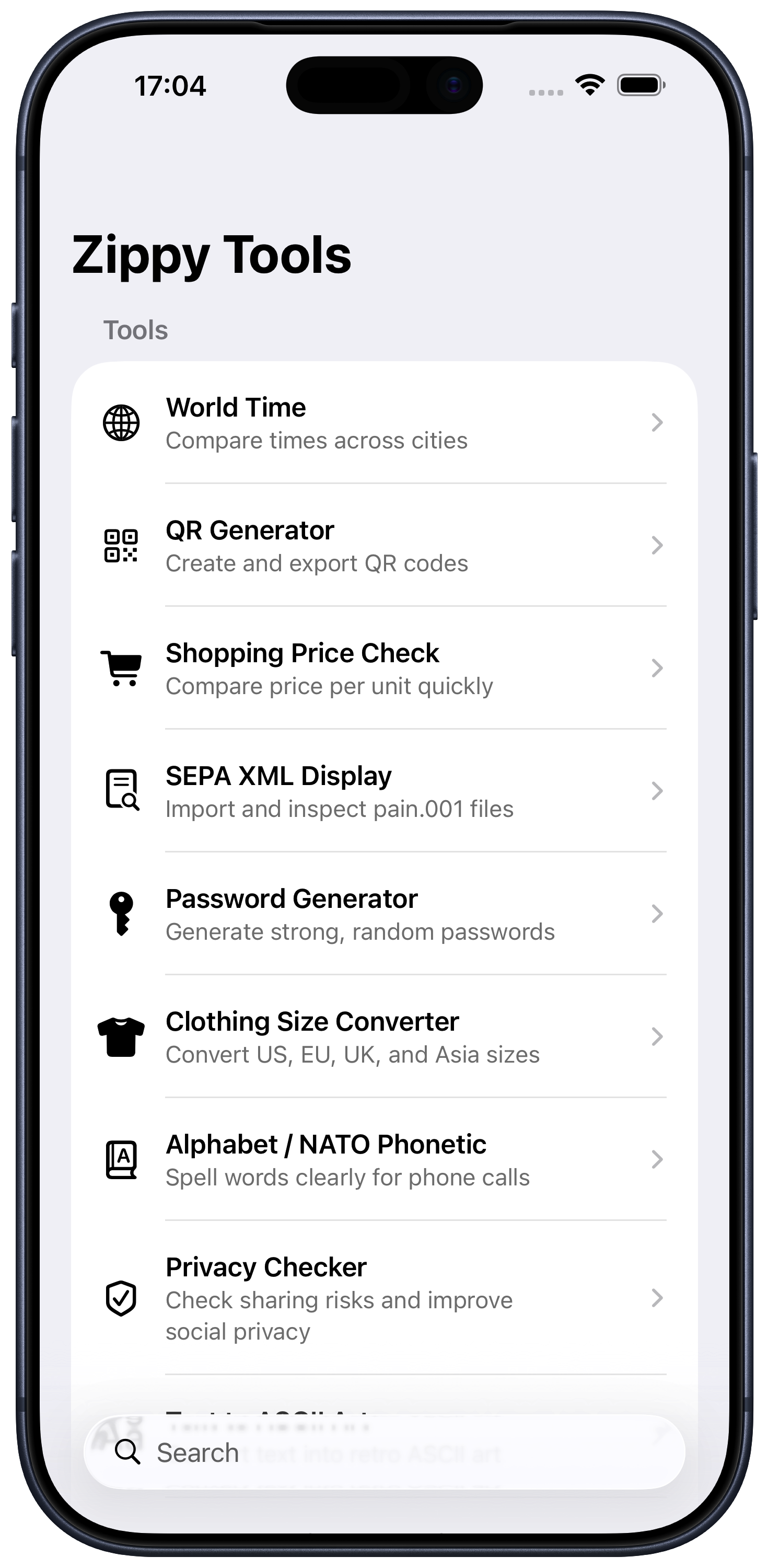 Zippy Tools home screen on iPhone