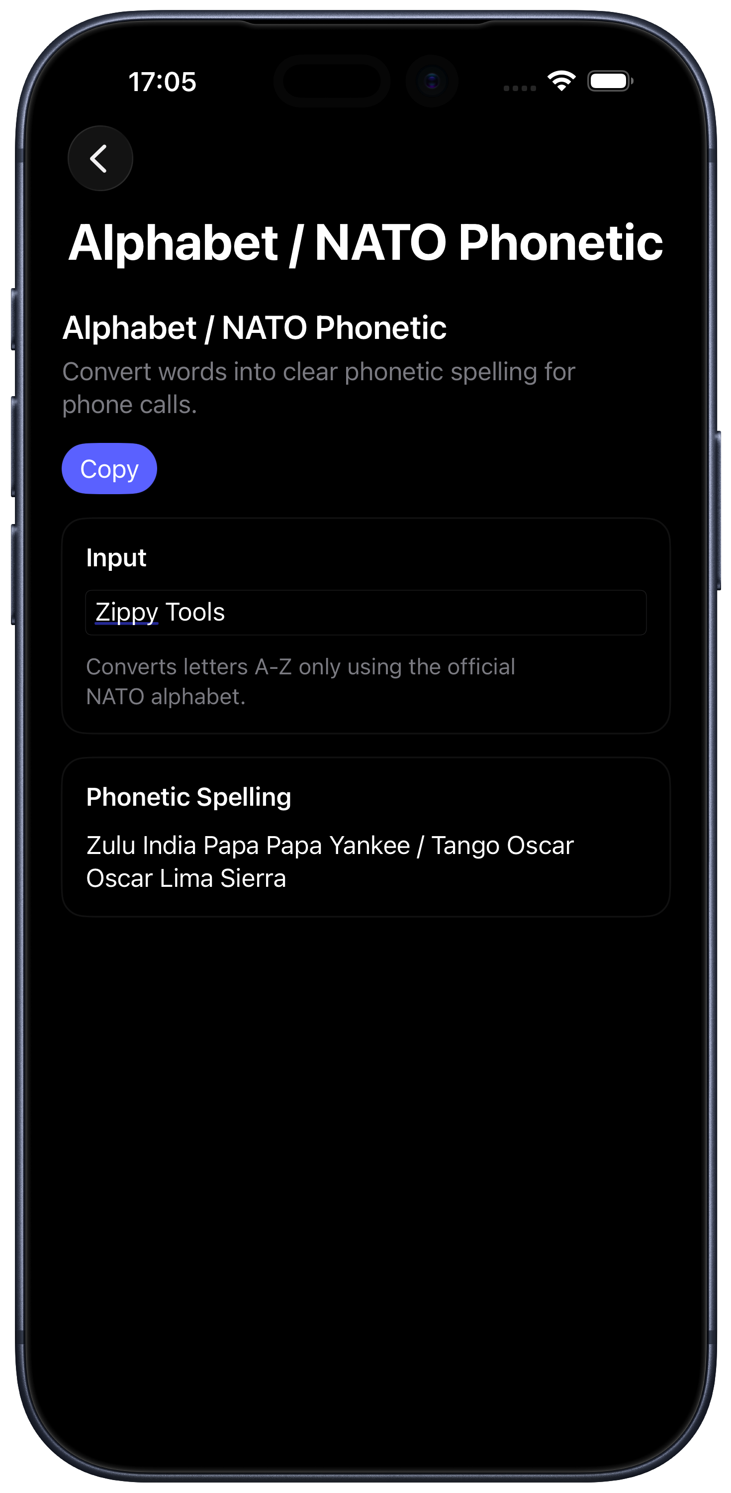 NATO Phonetic on iPhone dark mode
