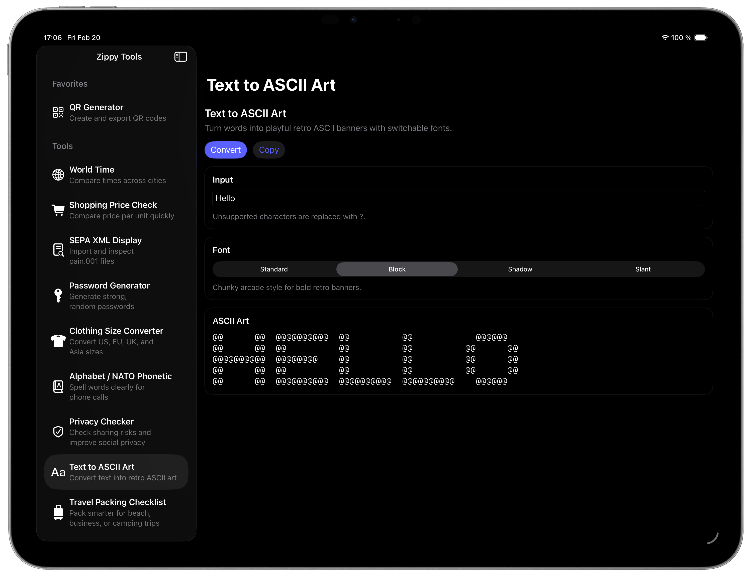 Text to ASCII Art on iPad dark mode
