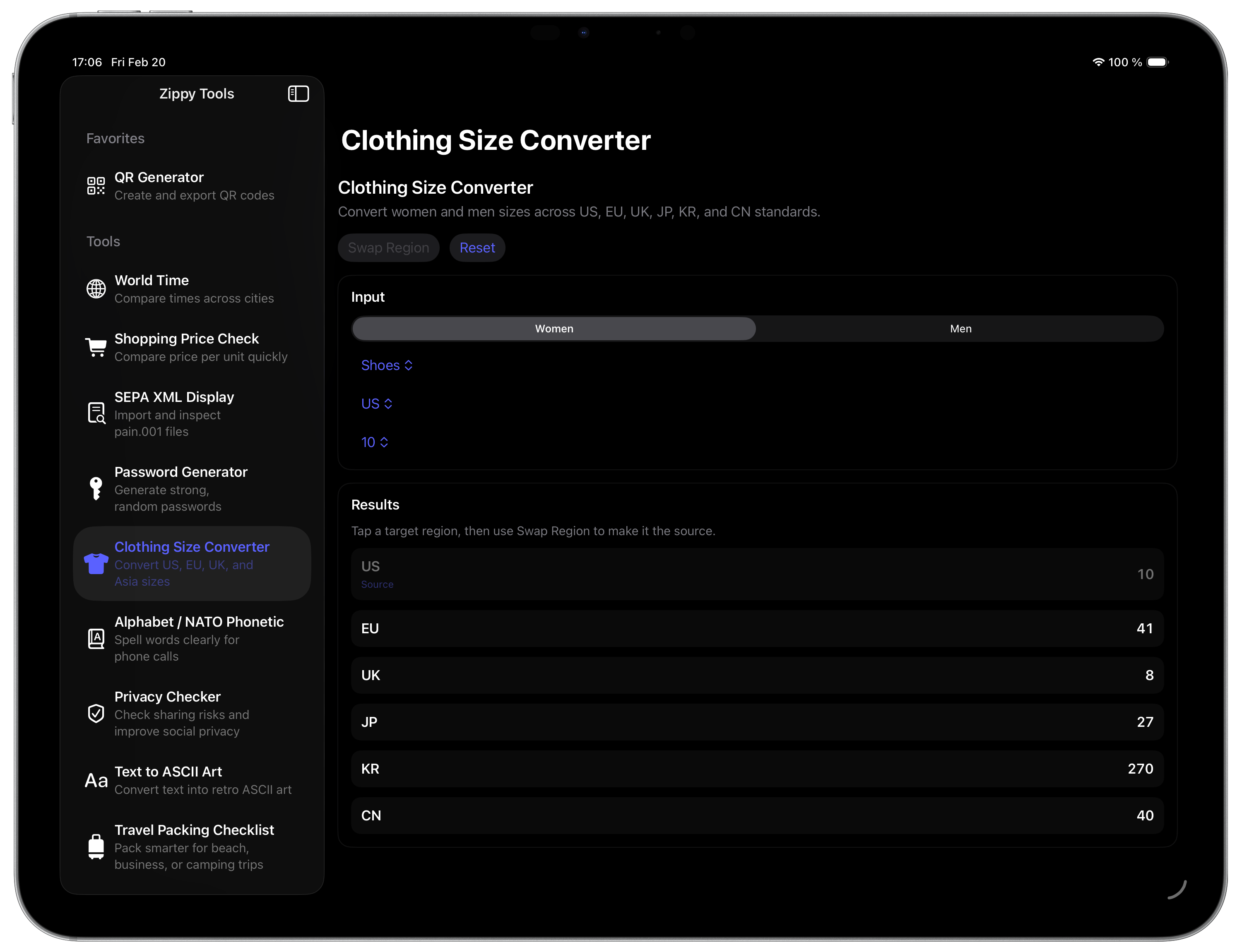 Clothing Size Converter on iPad dark mode
