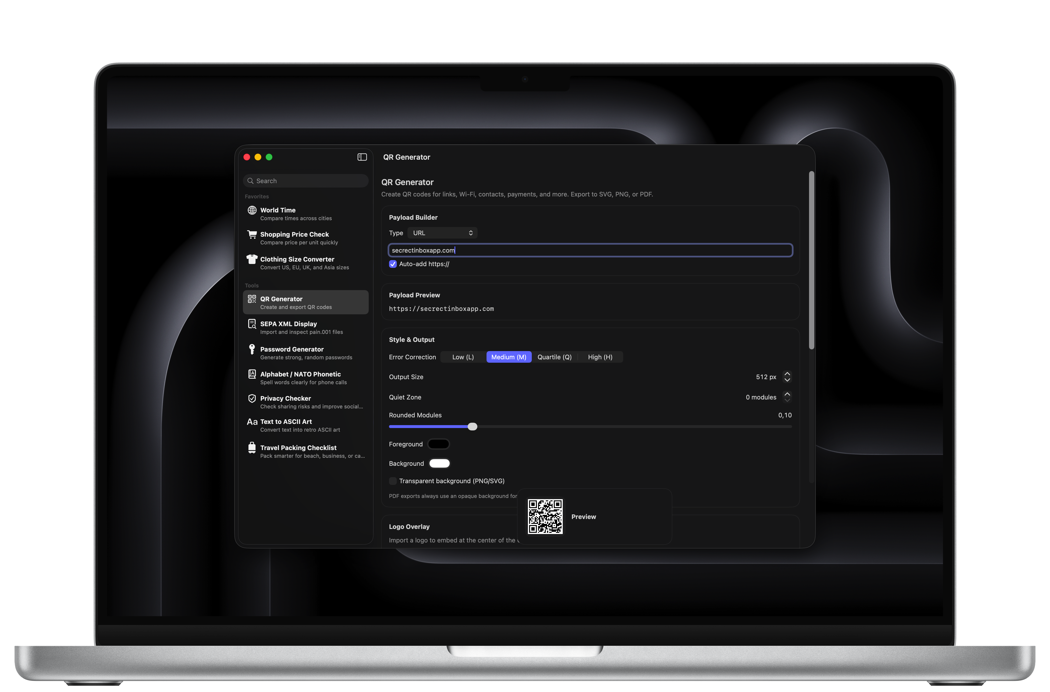 QR Generator on macOS dark mode