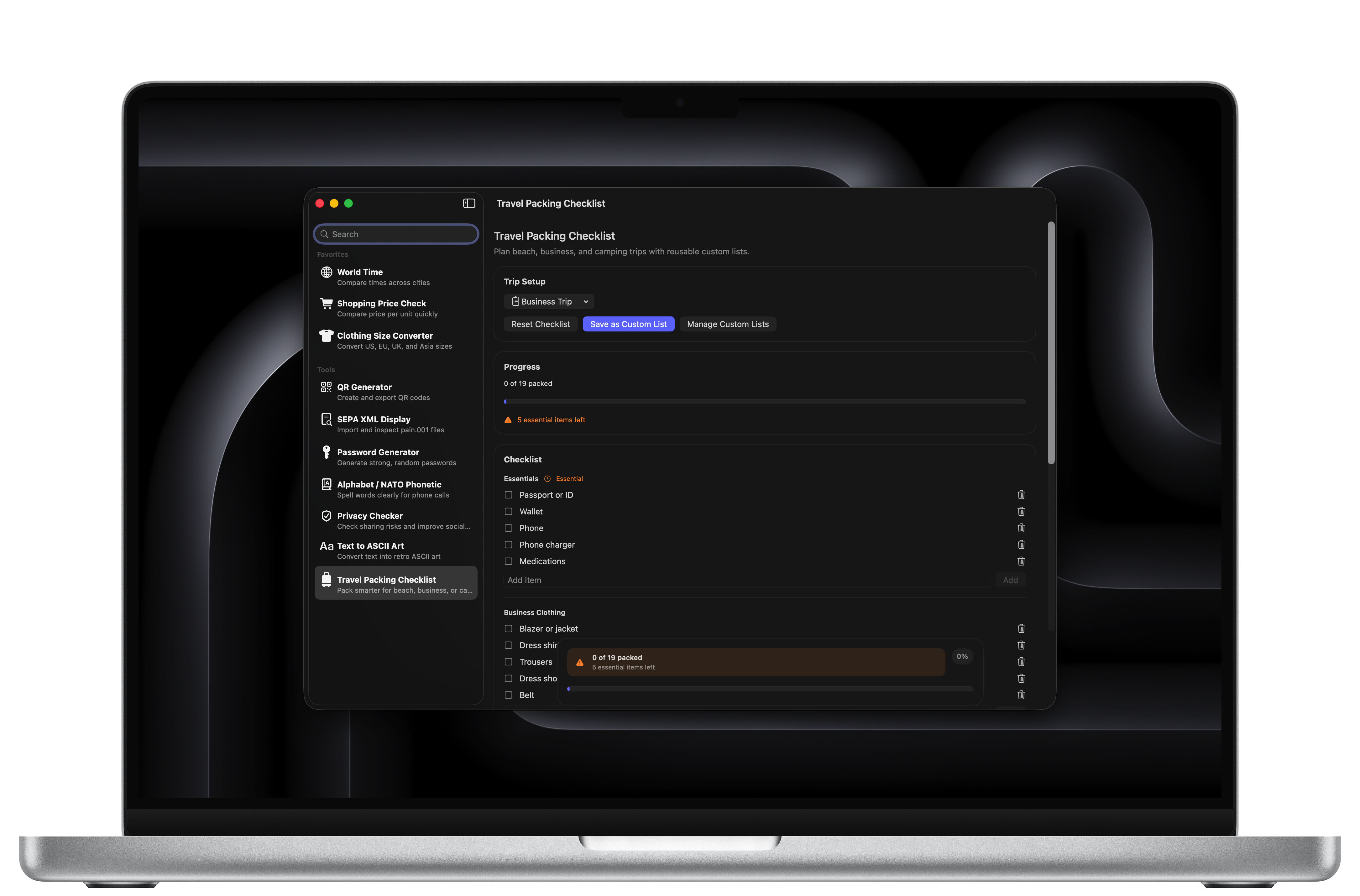 Travel Packing Checklist on macOS dark mode